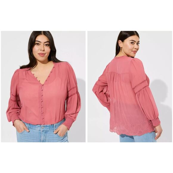 Torrid Chiffon Smocked Collar Eyelet Embroidered Blouse White NWT Sheer Boho - Picture 3 of 11